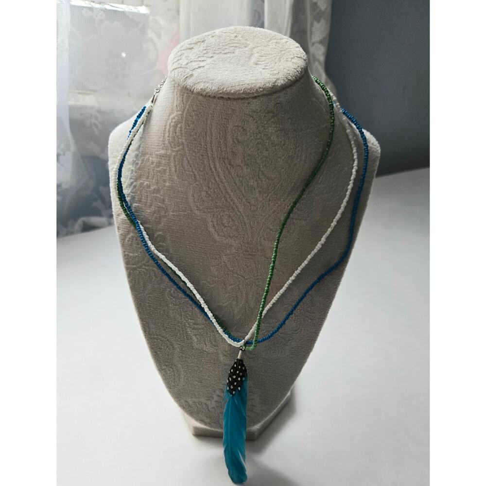 Boho Three Stranded Beaded Necklace with Feather Charm
